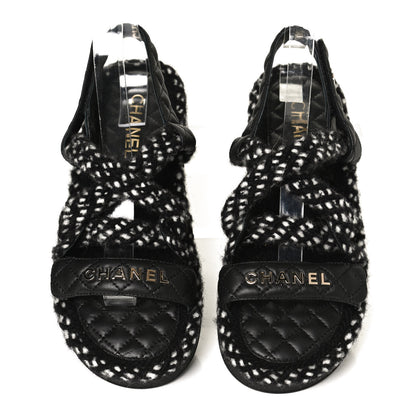 Chanel Cord Lambskin Quilted Logo Sandals 39 Black White 5 of 9