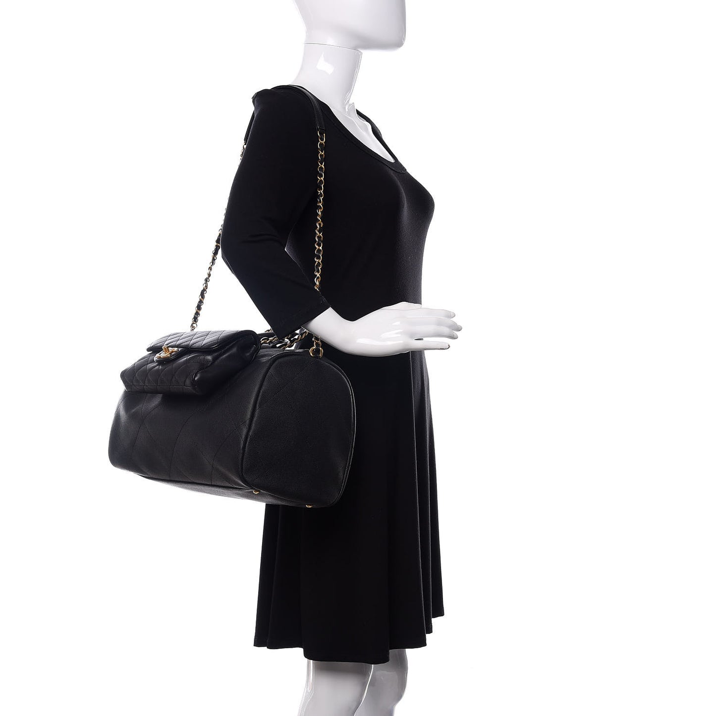 Grained Calfskin Lambskin Quilted Large Bowling Bag Black