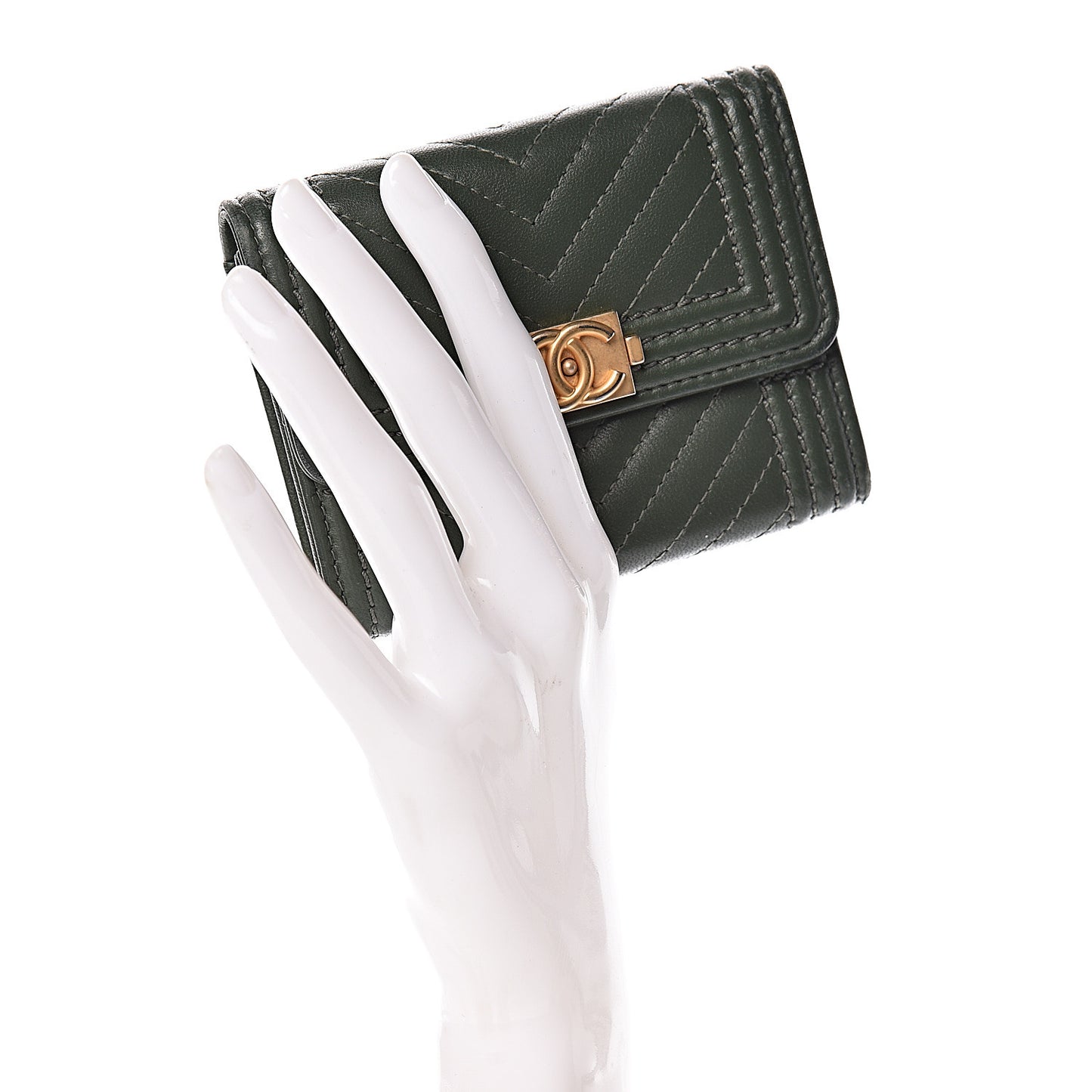 Lambskin Chevron Quilted Boy Card Holder Wallet Dark Green