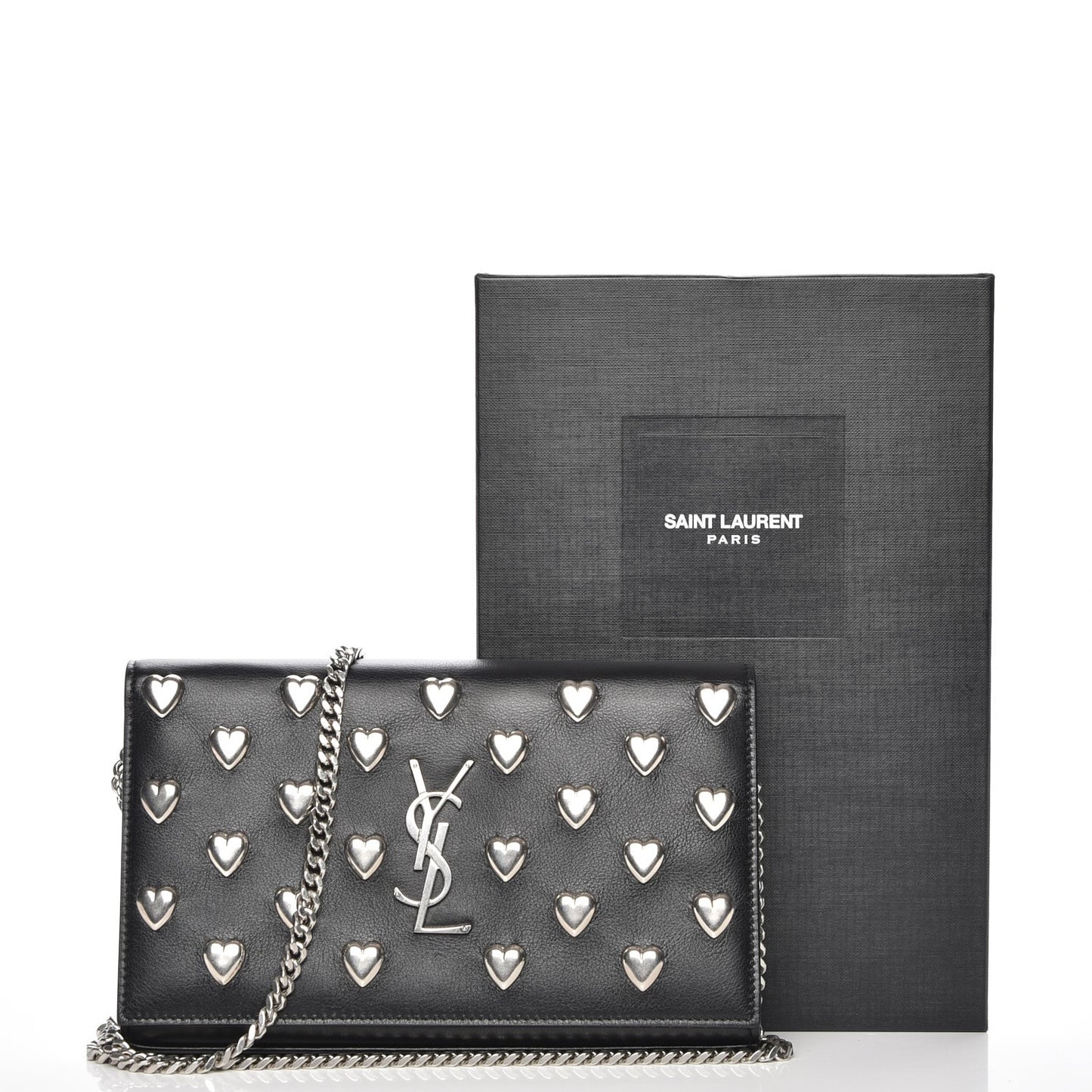 Calfskin Heart Studded Monogram Chain Wallet Black