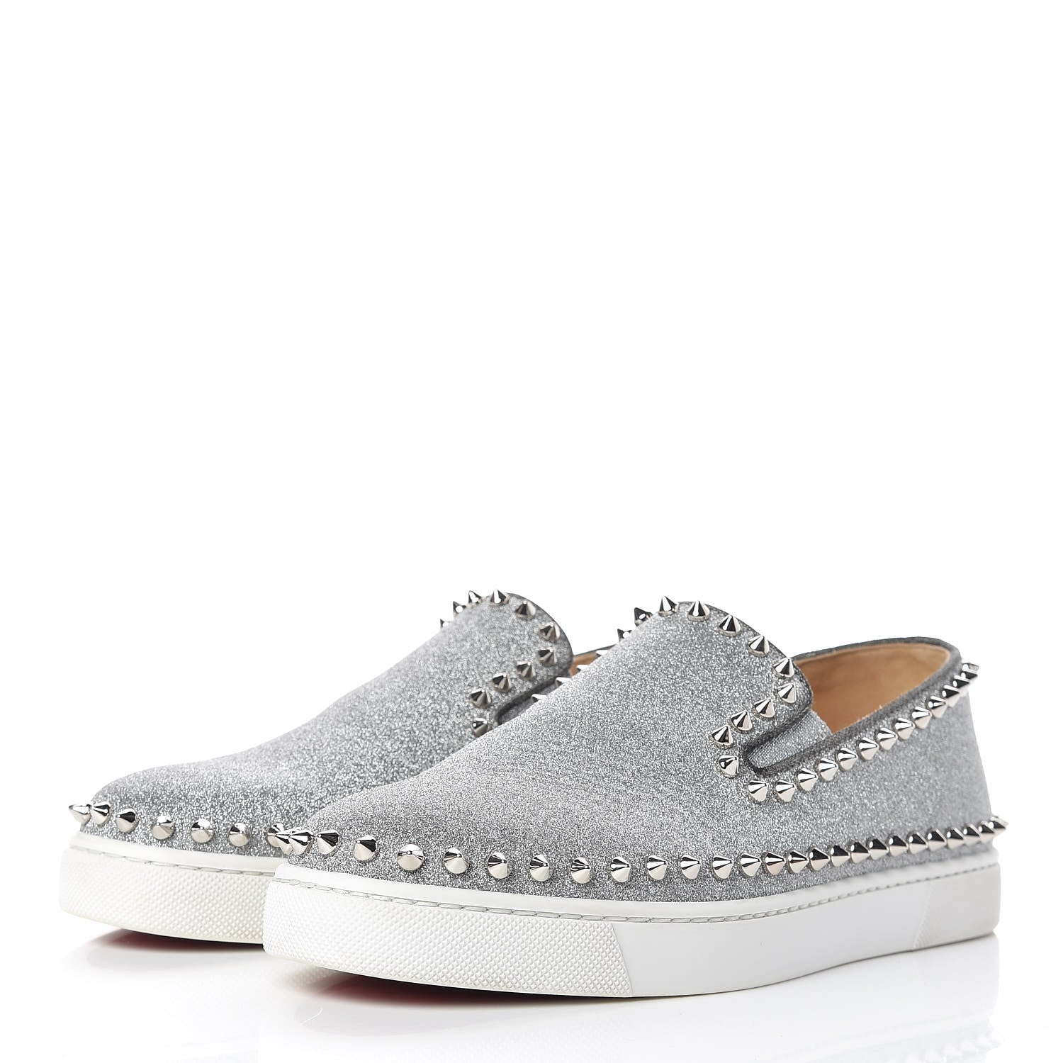 Christian Louboutin Calfskin Glitter Spikes Womens Pik Boat Sneakers 38.5 Silver 3 of 9
