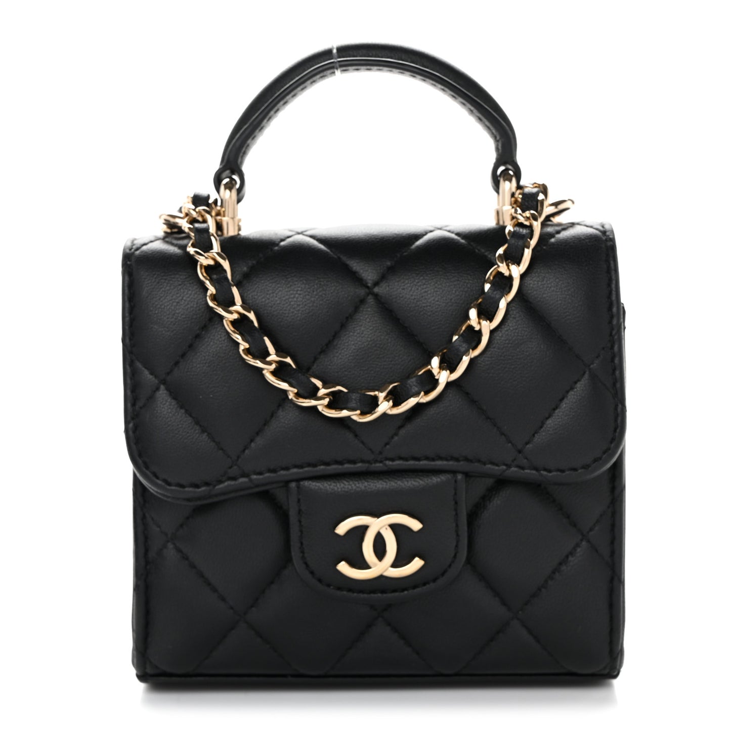 Lambskin Quilted Top Handle Flap Clutch With Chain Black