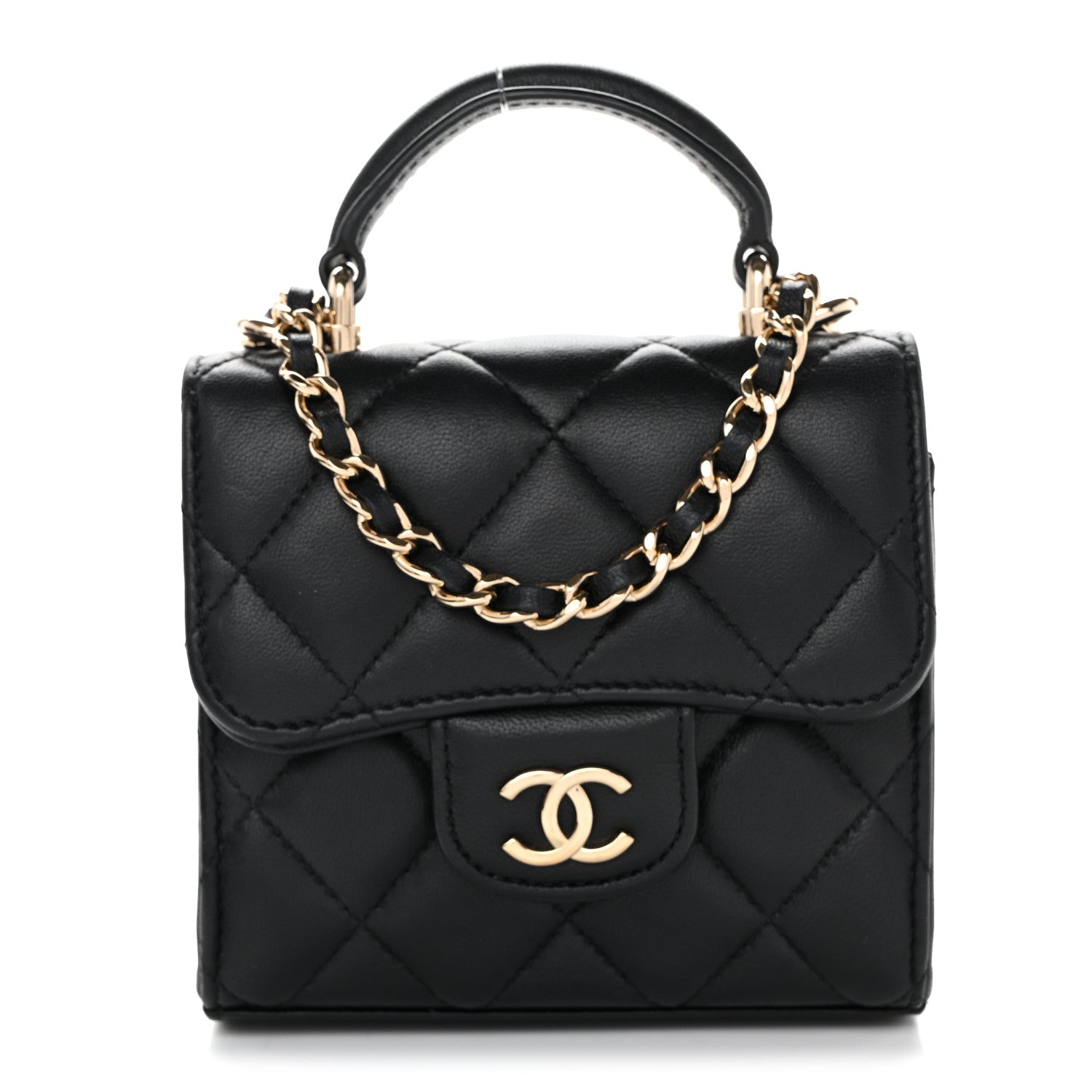 Chanel Lambskin Quilted Top Handle Flap Clutch With Chain Black 1 of 11