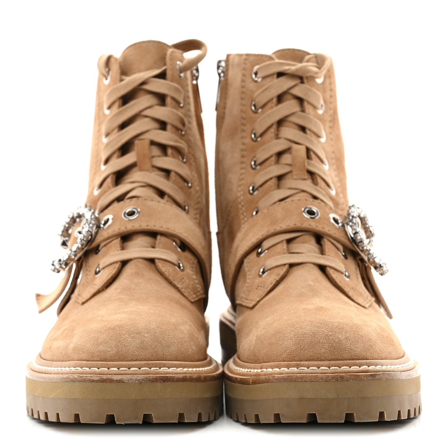 Suede Crystal Embellished Cora Flat Combat Boots 39 Caramel