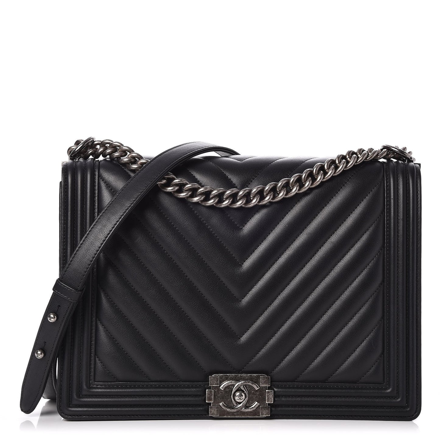 Calfskin Chevron Quilted Large Boy Flap Black