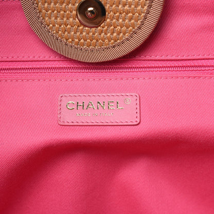 Chanel Straw Raffia Calfskin Striped Large Deauville Tote Dark Beige Fuchsia Navy Blue 6 of 9