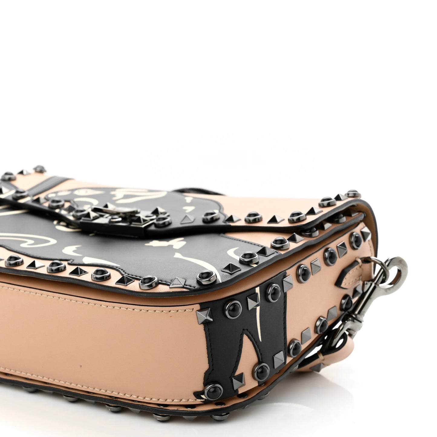 Calfskin Panther Medium Guitar Strap Rockstud Rolling Flap Saddle Bag Beige Black