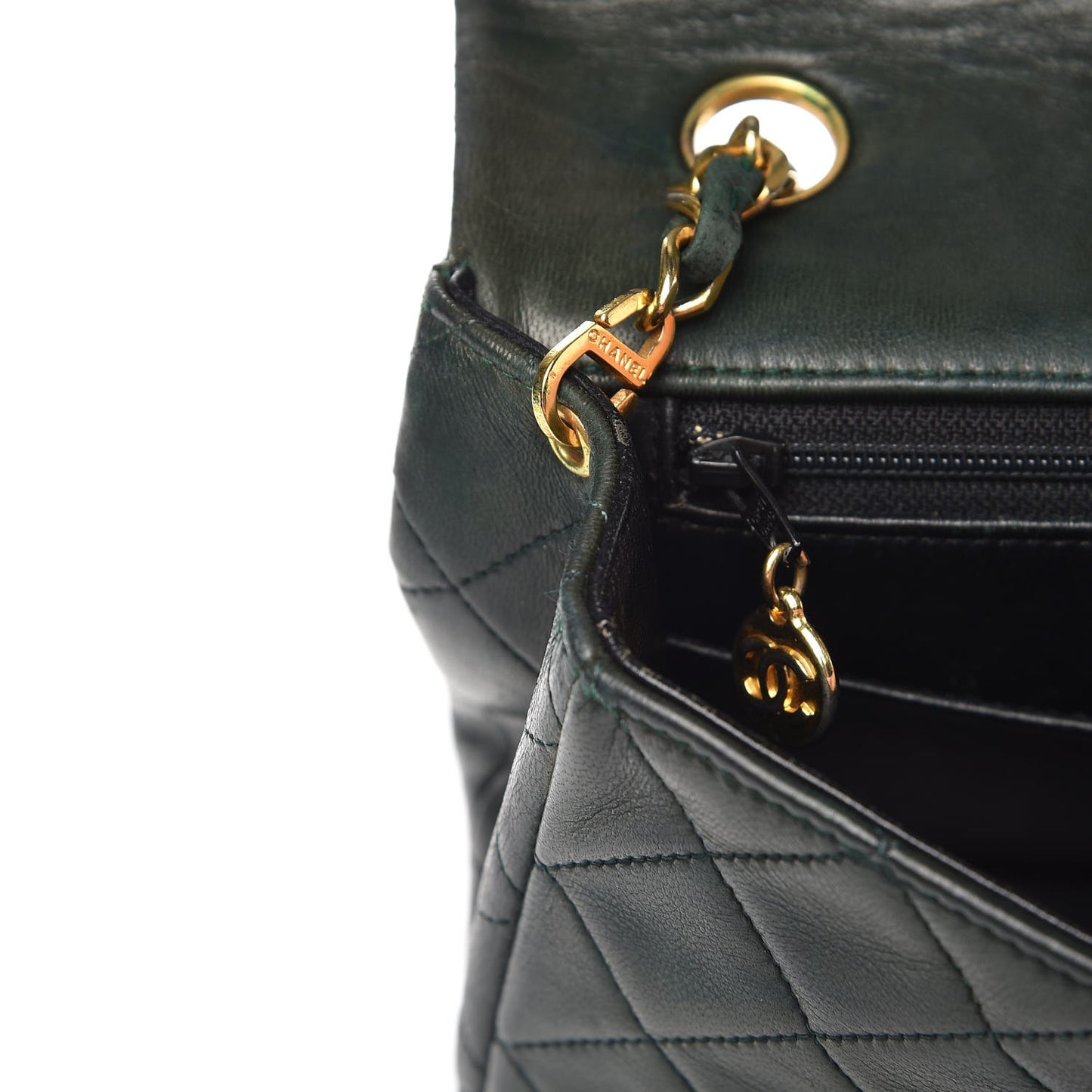 Lambskin Quilted Small Single Flap Dark Green