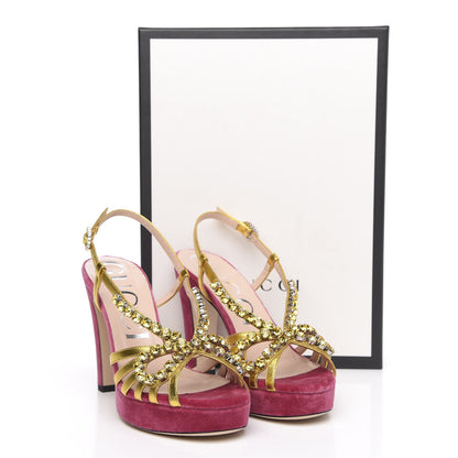 Gucci Velvet Nappa Crystal Zephyra Slingback Platform High Heel Sandals 37.5 Pink Gold 8 of 8