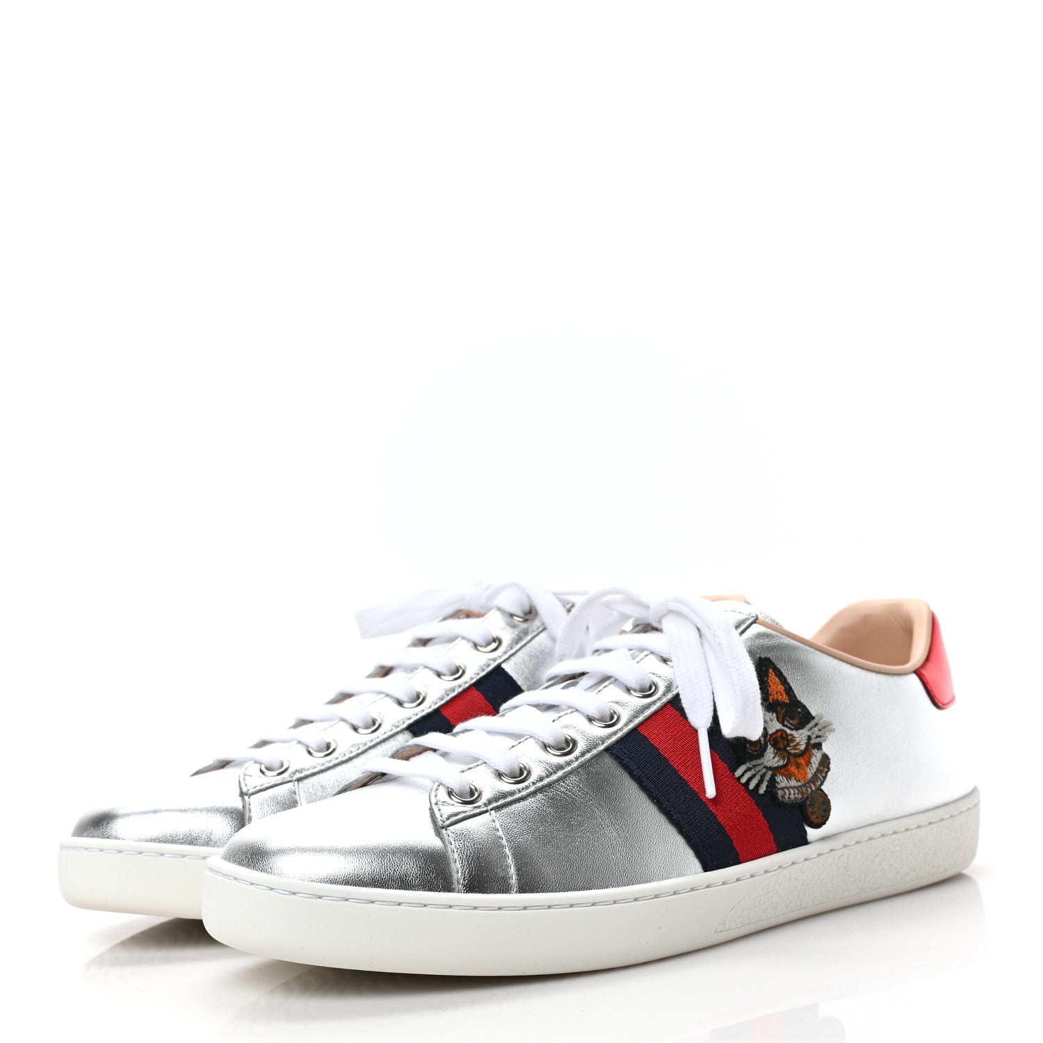 Gucci Metallic Nappa Silk Ayers Web Embroidered Womens Ace Sneakers 39 Silver 3 of 10