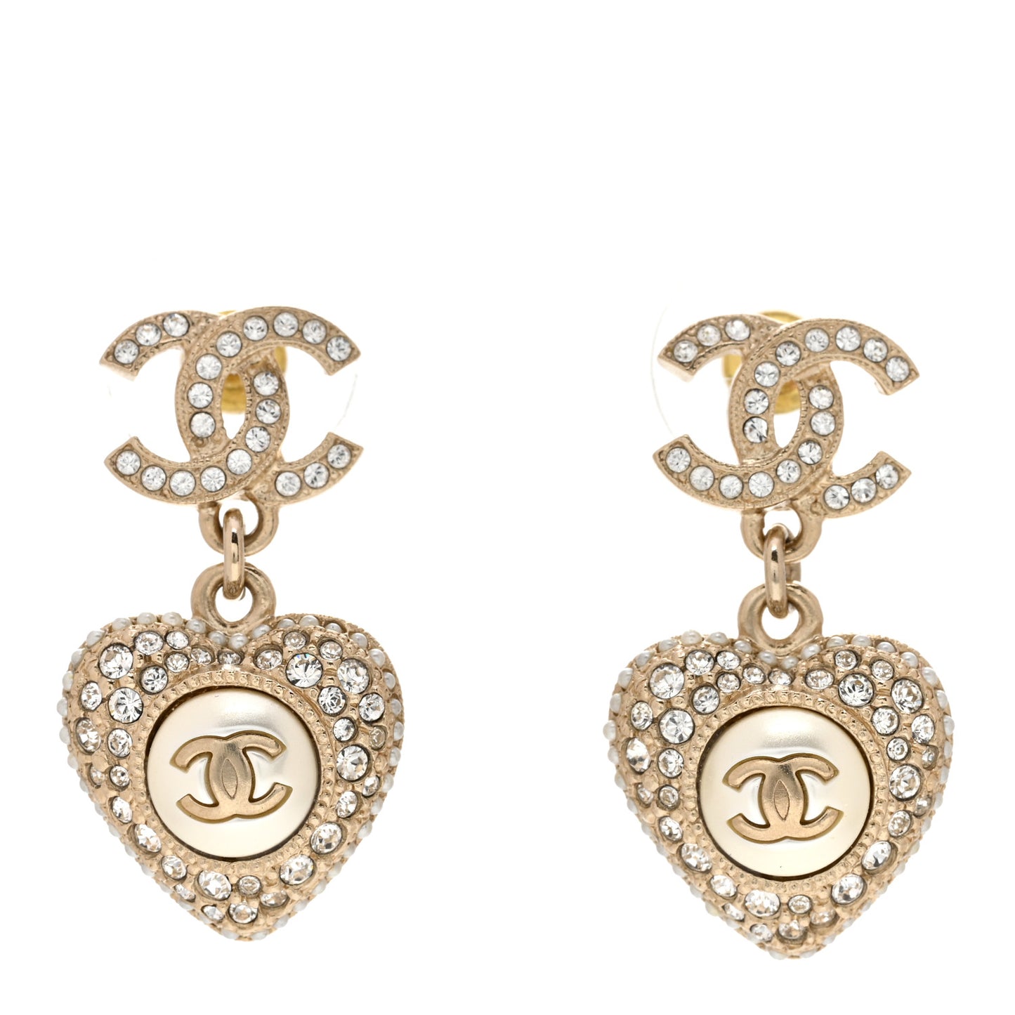 Pearl Crystal CC Heart Drop Earrings Gold White
