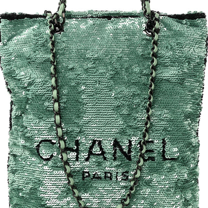 Chanel Sequin Logo Shopping Tote Green Black 9 of 11