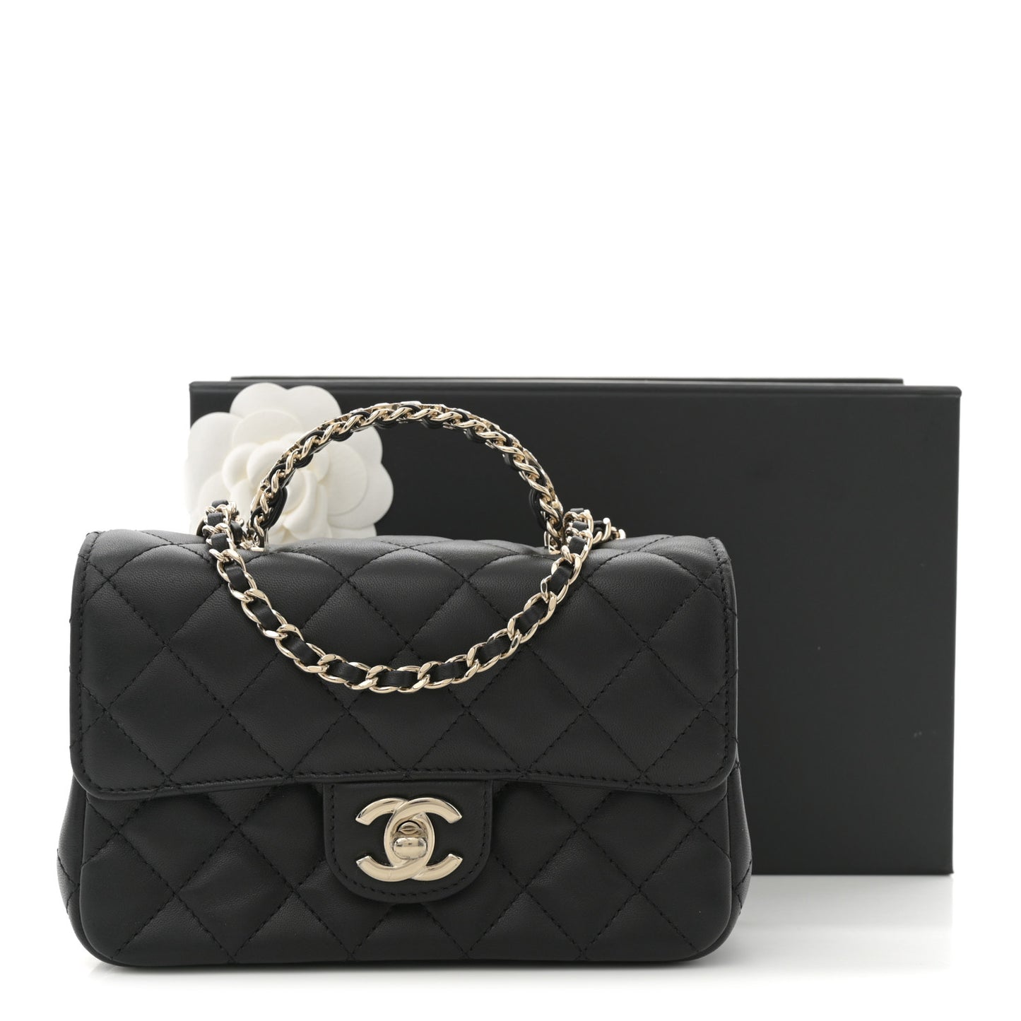 Lambskin Quilted Mini Crystal Top Handle Rectangular Flap Black