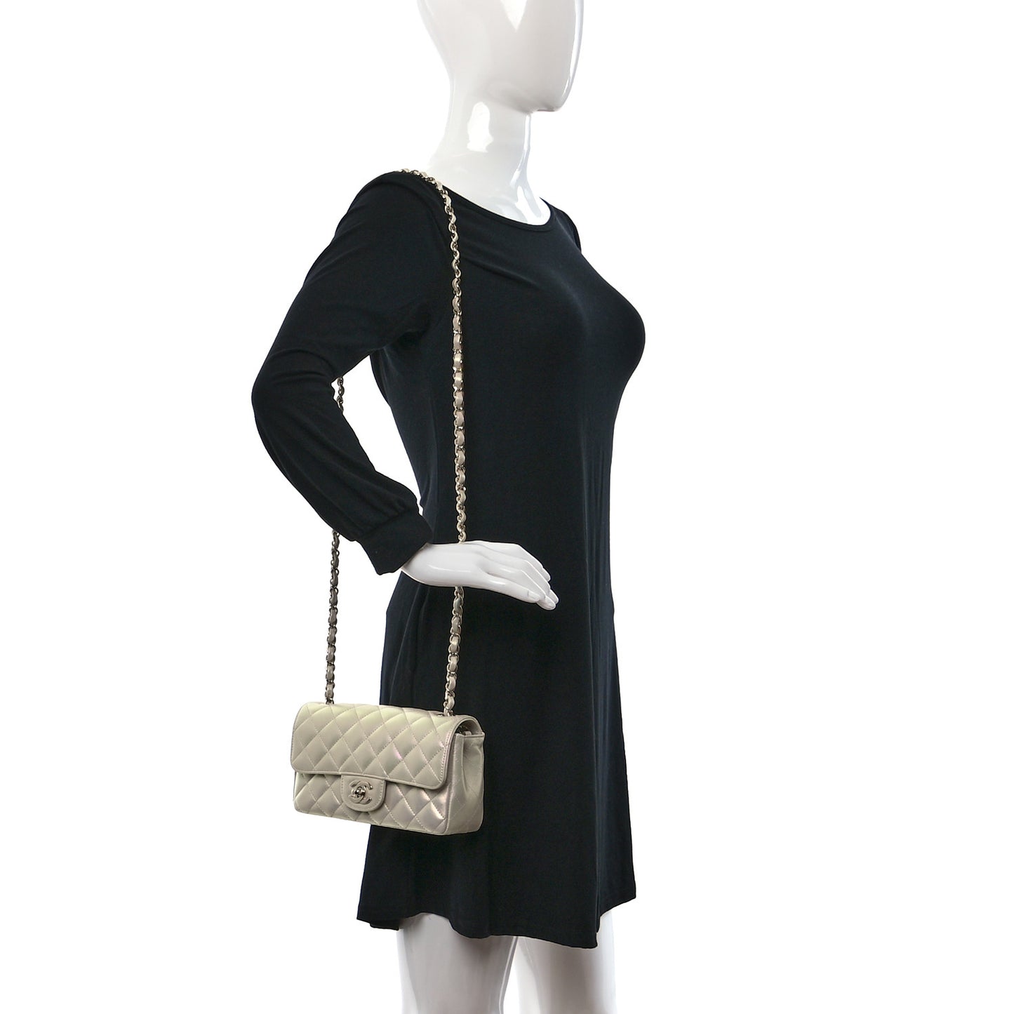 Iridescent Lambskin Quilted Mini Rectangular Flap Ivory