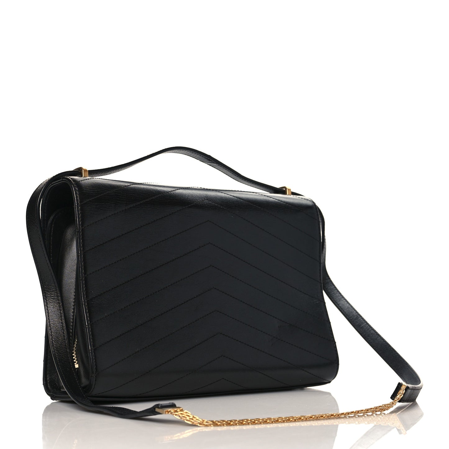 Calfskin Chevron Quilted Medal Flap Black