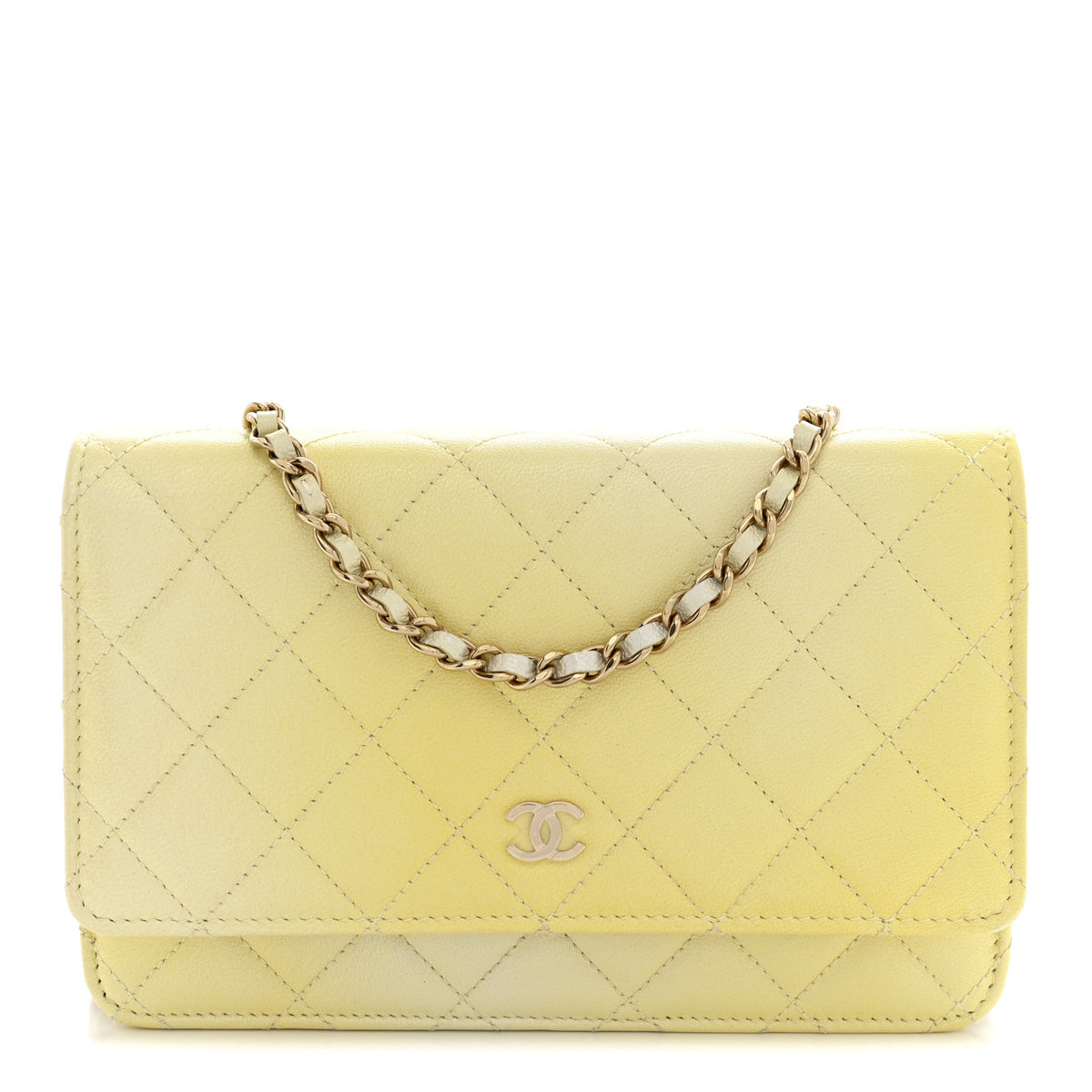 Iridescent Goatskin Quilted Wallet on Chain WOC Light Yellow