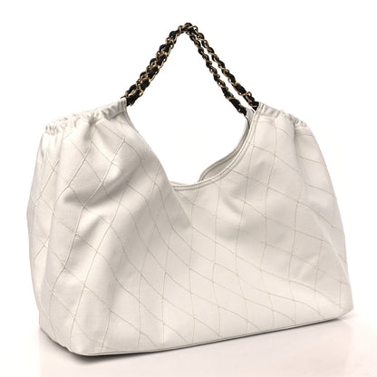 Chanel Denim Calfskin Quilted Coco Beach Small Shopping Tote White Black 7 of 21