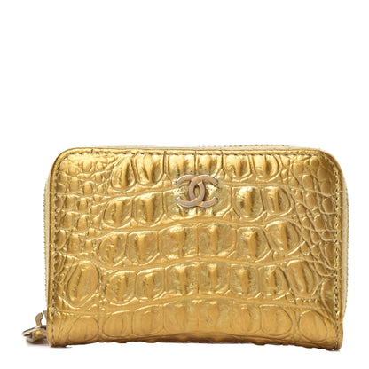 Chanel Metallic Calfskin Crocodile Embossed Cocodile Zip Coin Case Gold 1 of 13