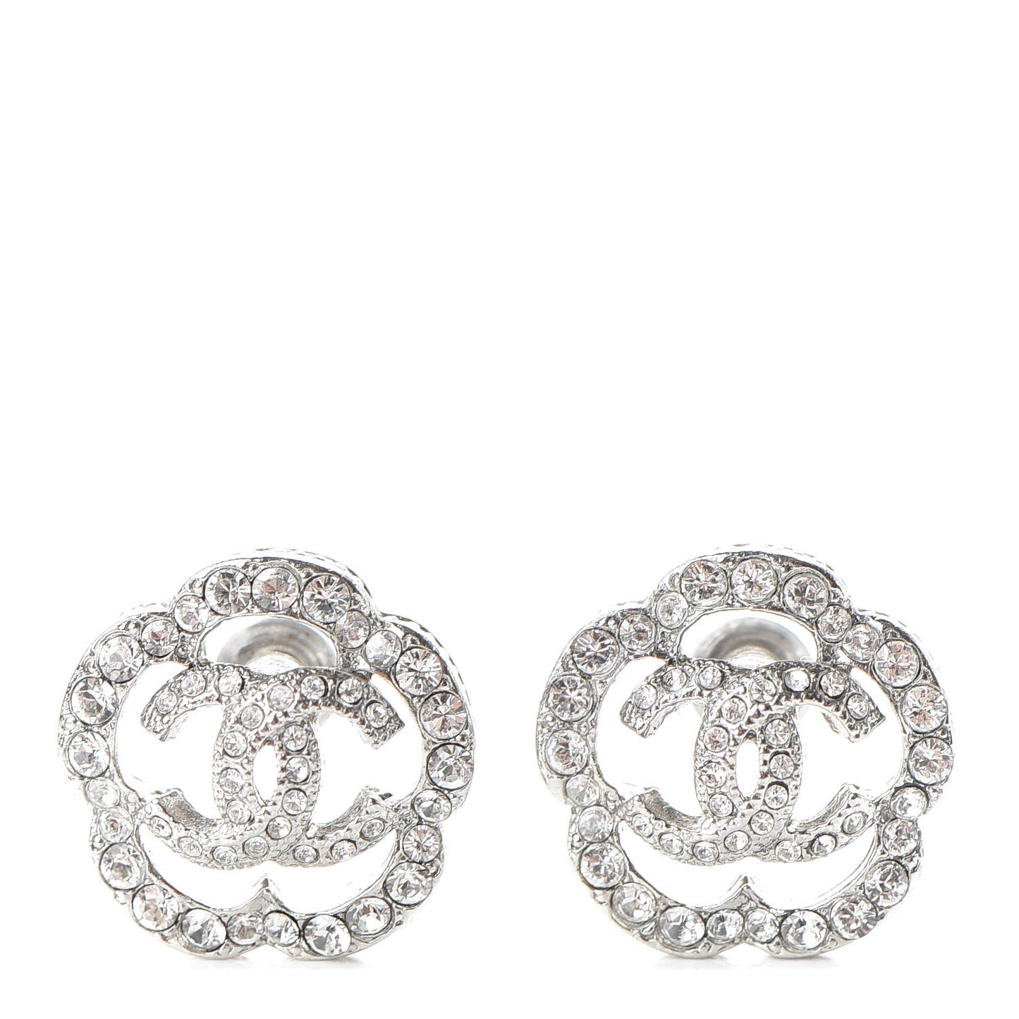 Crystal Coco Flapper Camellia CC Stud Earrings Silver