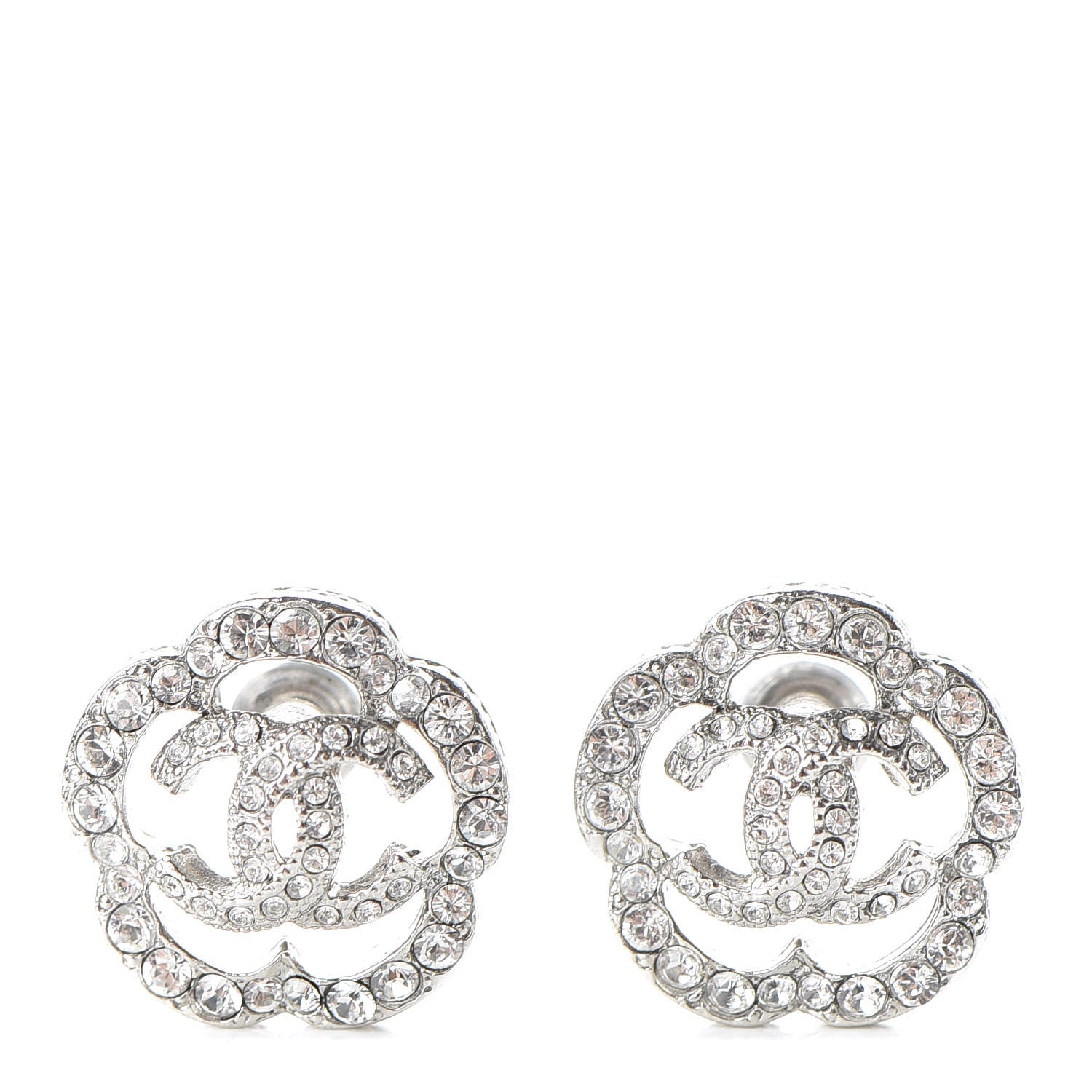Chanel Crystal Coco Flapper Camellia CC Stud Earrings Silver 1 of 7