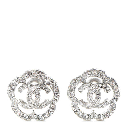 Chanel Crystal Coco Flapper Camellia CC Stud Earrings Silver 1 of 7