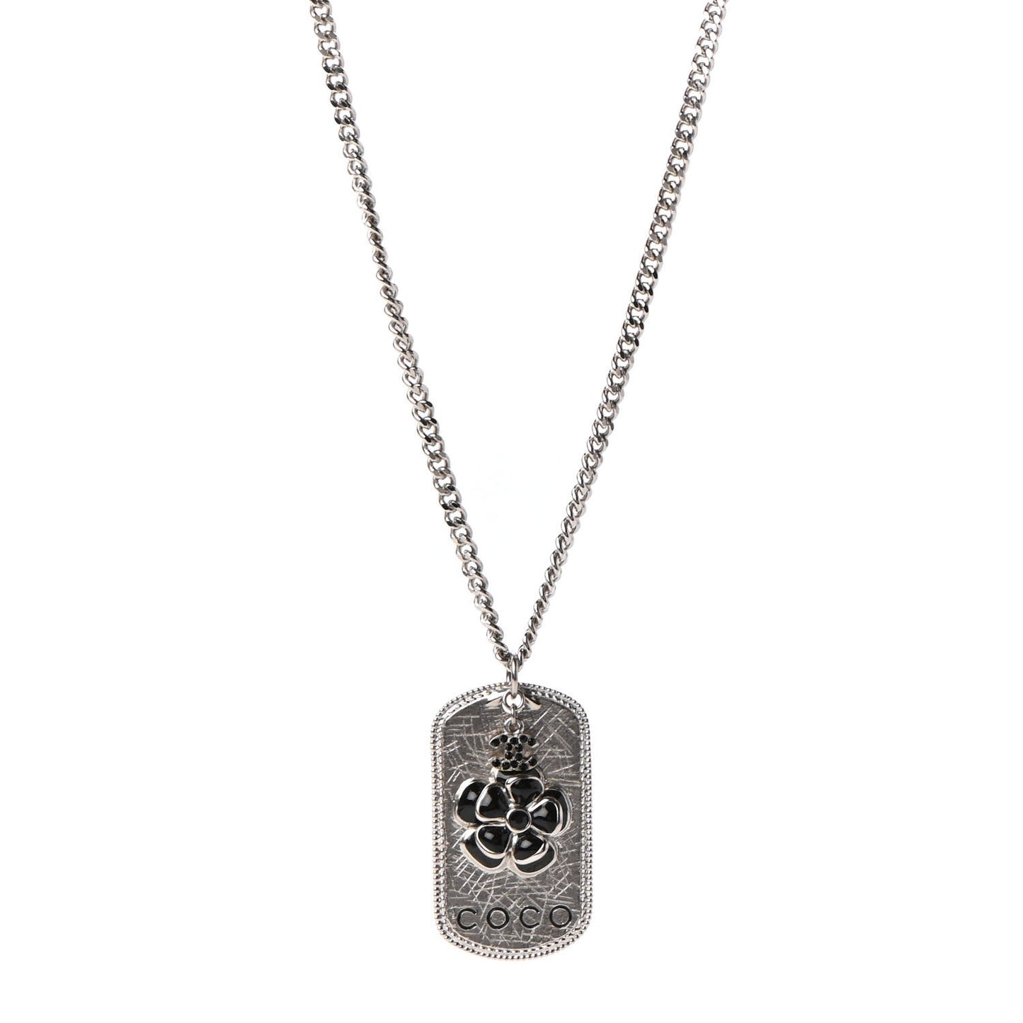 Enamel ID Dog Tag Camellia Charm Necklace Silver