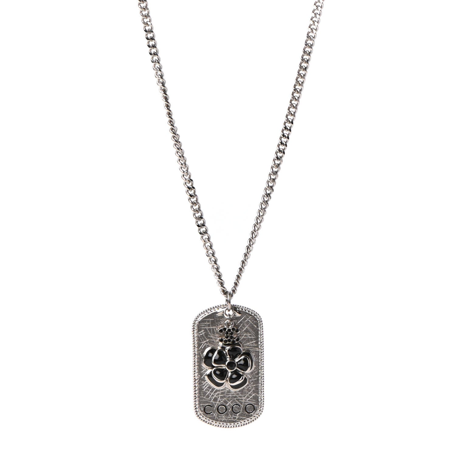 Chanel Enamel ID Dog Tag Camellia Charm Necklace Silver 1 of 6