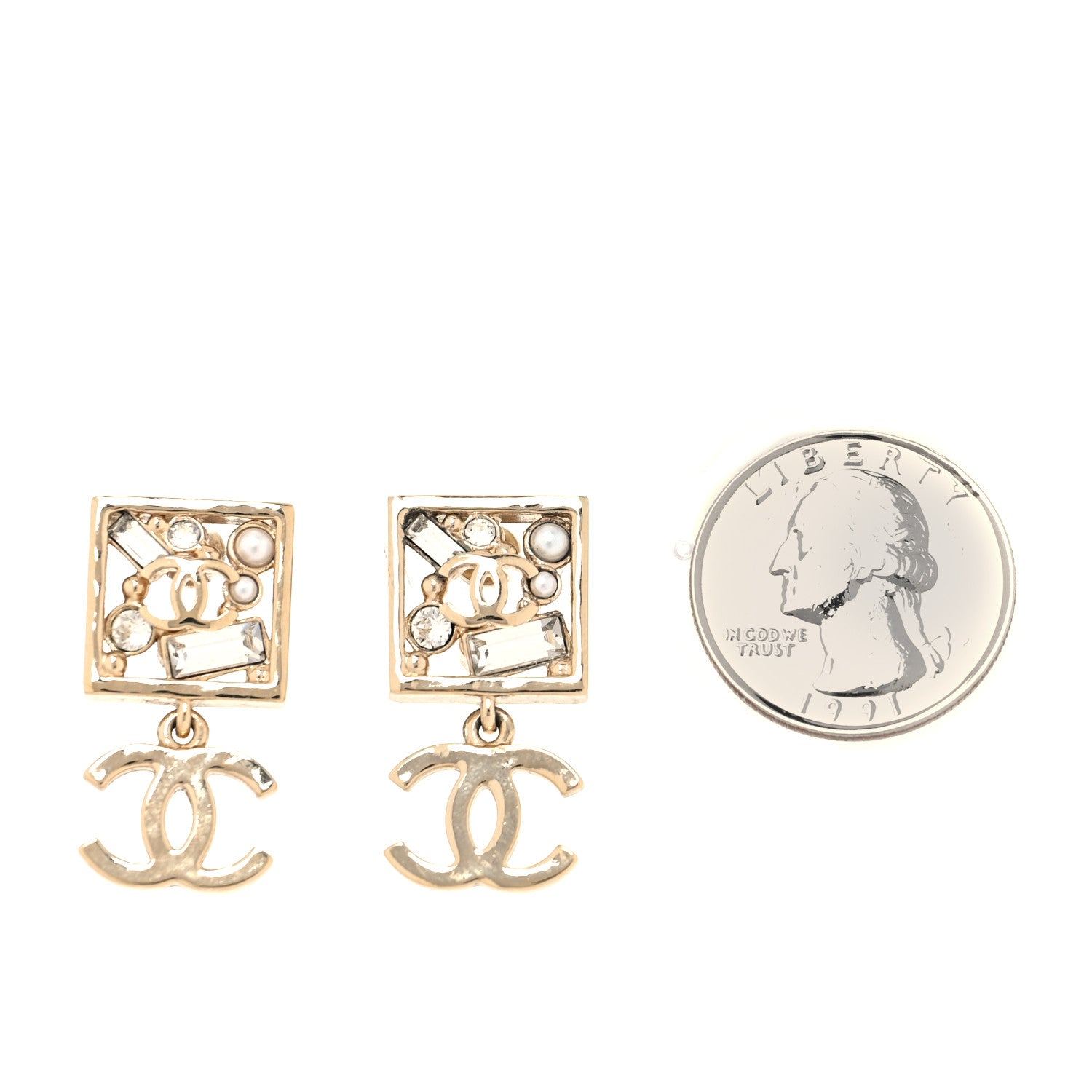 Chanel Baguette Crystal CC Drop Earrings Gold 2 of 5