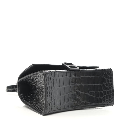 Balenciaga Shiny Calfskin Monochrome Crocodile Embossed Small Hourglass Top Handle Bag Black 4 of 13