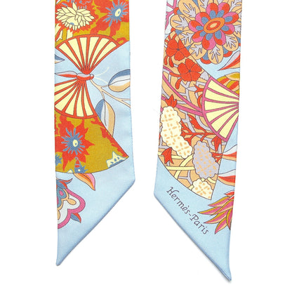 Hermes Silk Fleurs et Papillons de Tissus Twilly Bleu Ciel Corail Jaune 3 of 5