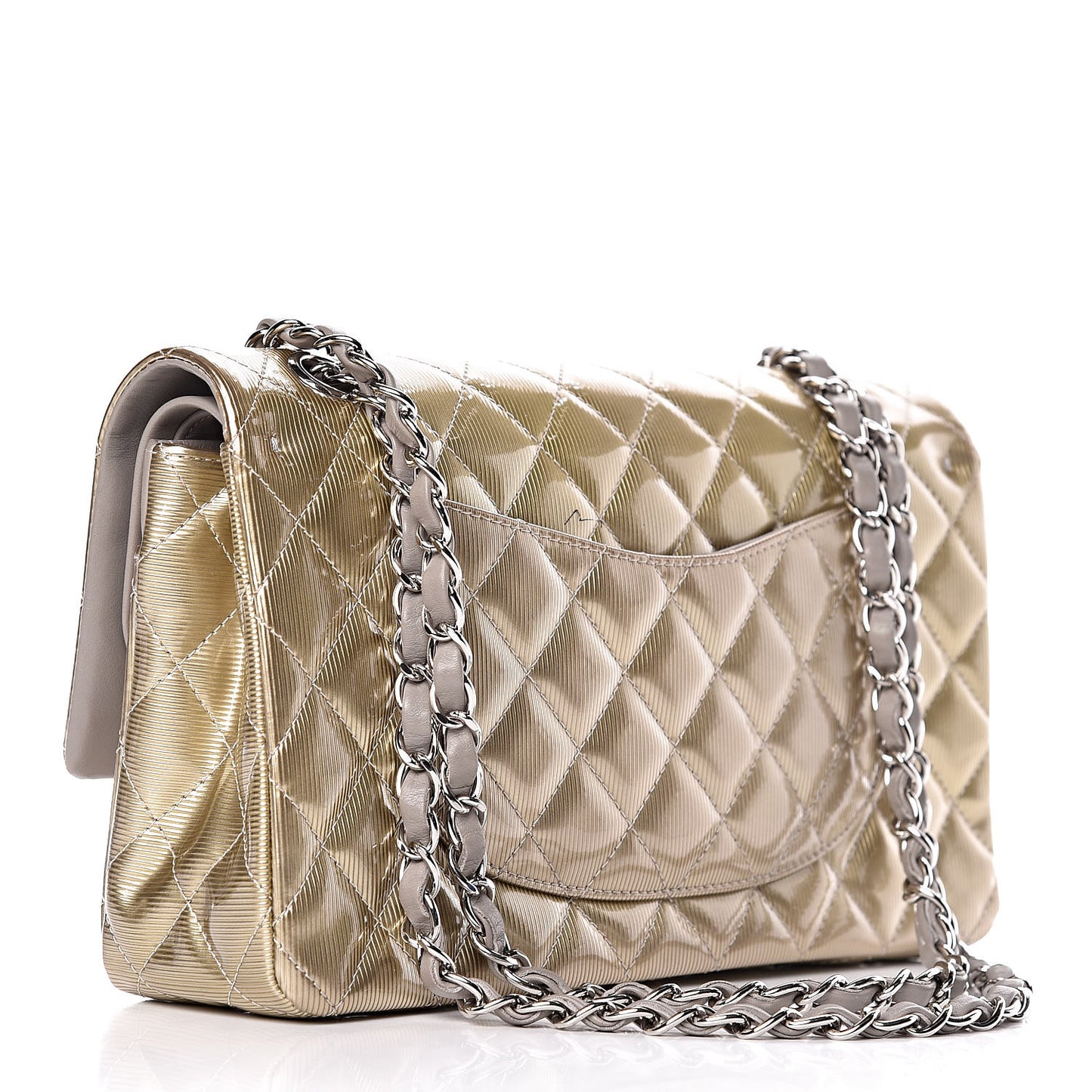 Striated Patent Quilted Medium Double Flap Gold