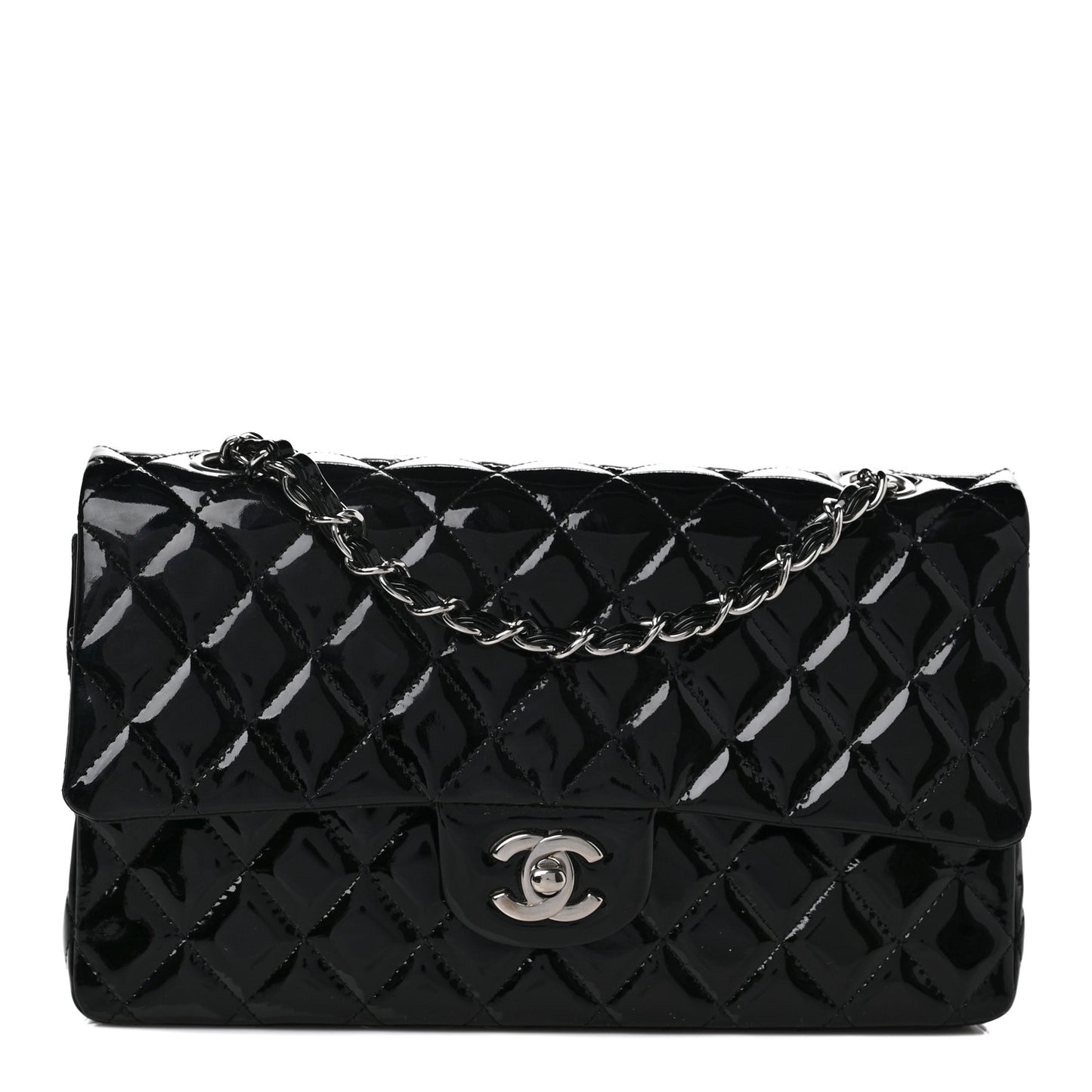 Patent Quilted Medium Double Flap Black