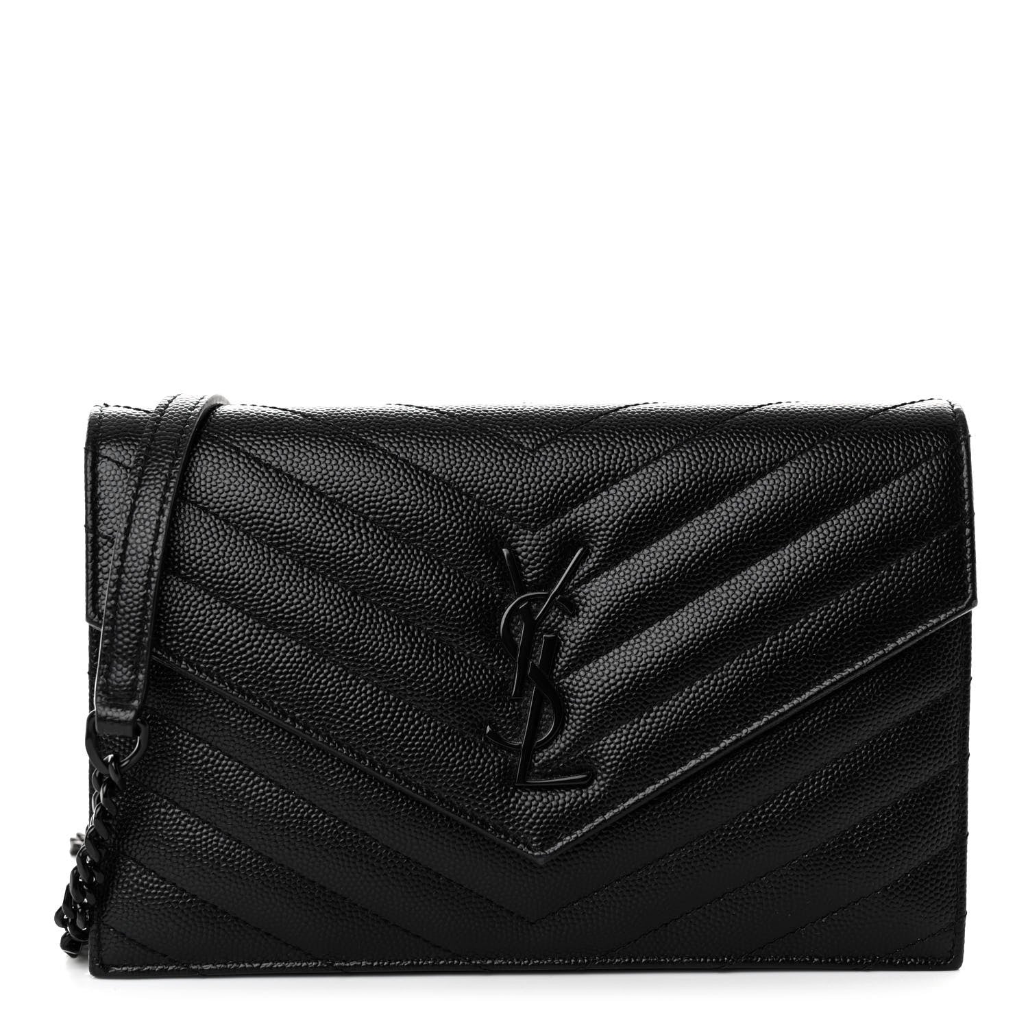 Saint Laurent Grain De Poudre Matelasse Chevron Monogram Monochrome Envelope Chain Wallet Black 1 of 9
