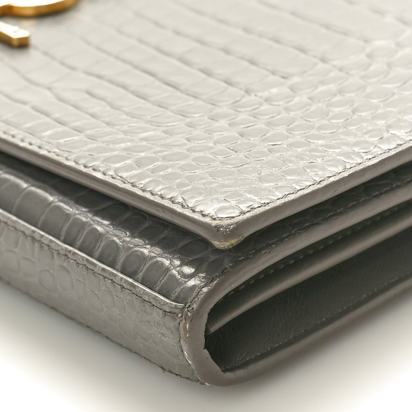 Calfskin Crocodile Embossed Monogram Chain Wallet Fog
