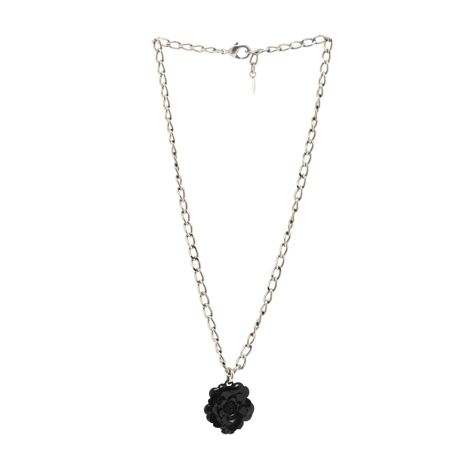 Chanel Resin Camellia Chain Necklace Silver Black 2 of 3