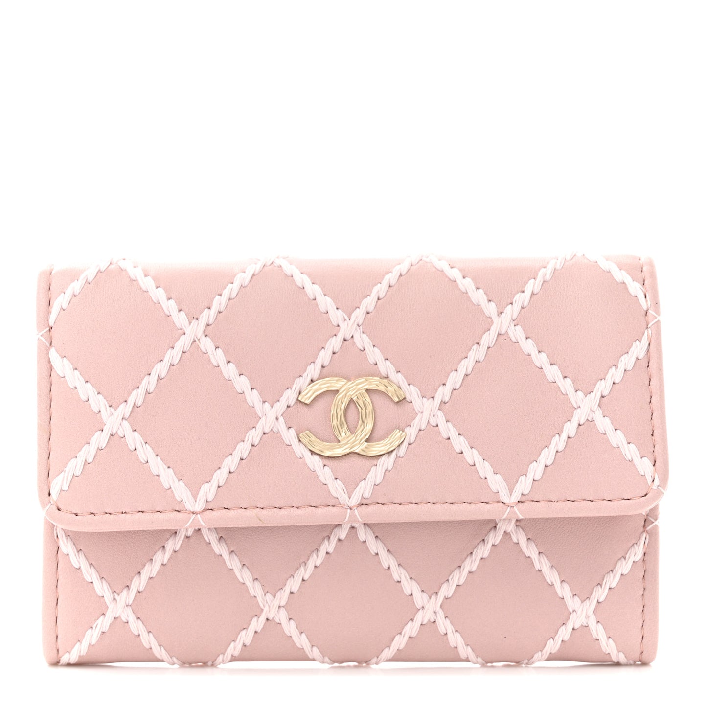 Lambskin Quilted Stitch Flap Card Holder Pink White