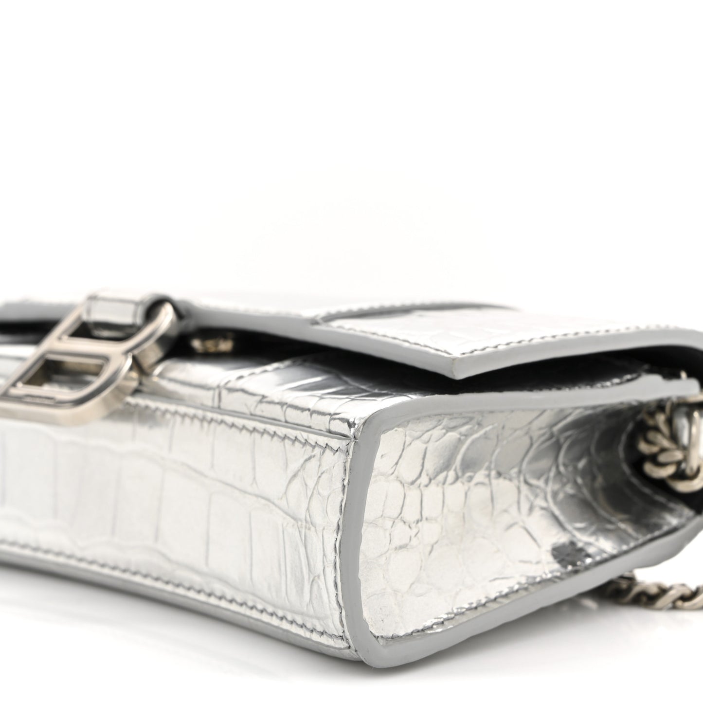 Metallic Calfskin Crocodile Embossed Hourglass Chain Bag Silver