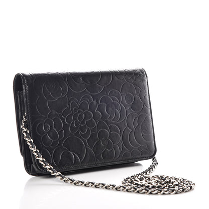 Chanel Lambskin Camellia Embossed Wallet on Chain WOC Black 3 of 10