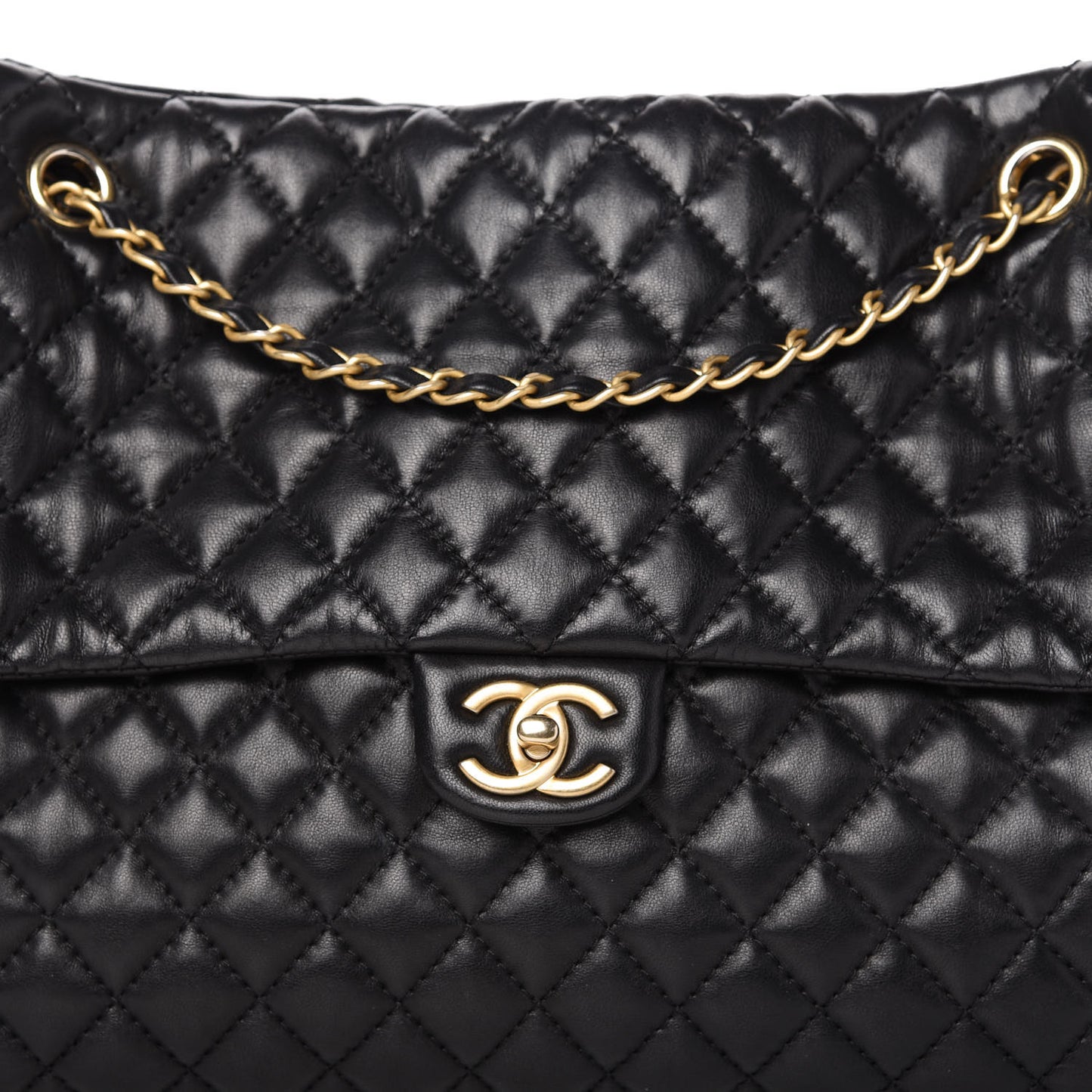 Lambskin Quilted Large Fluffy CC Shopping Tote Black