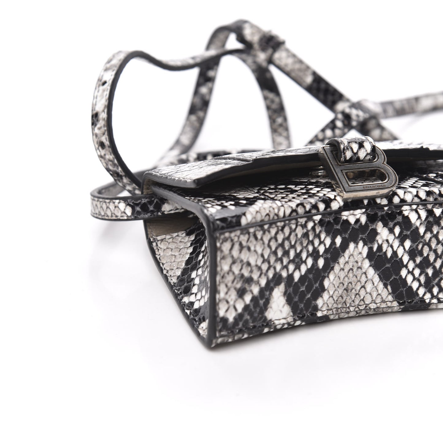 Shiny Calfskin Python Effect Hourglass Top Handle Bag Mini Black White