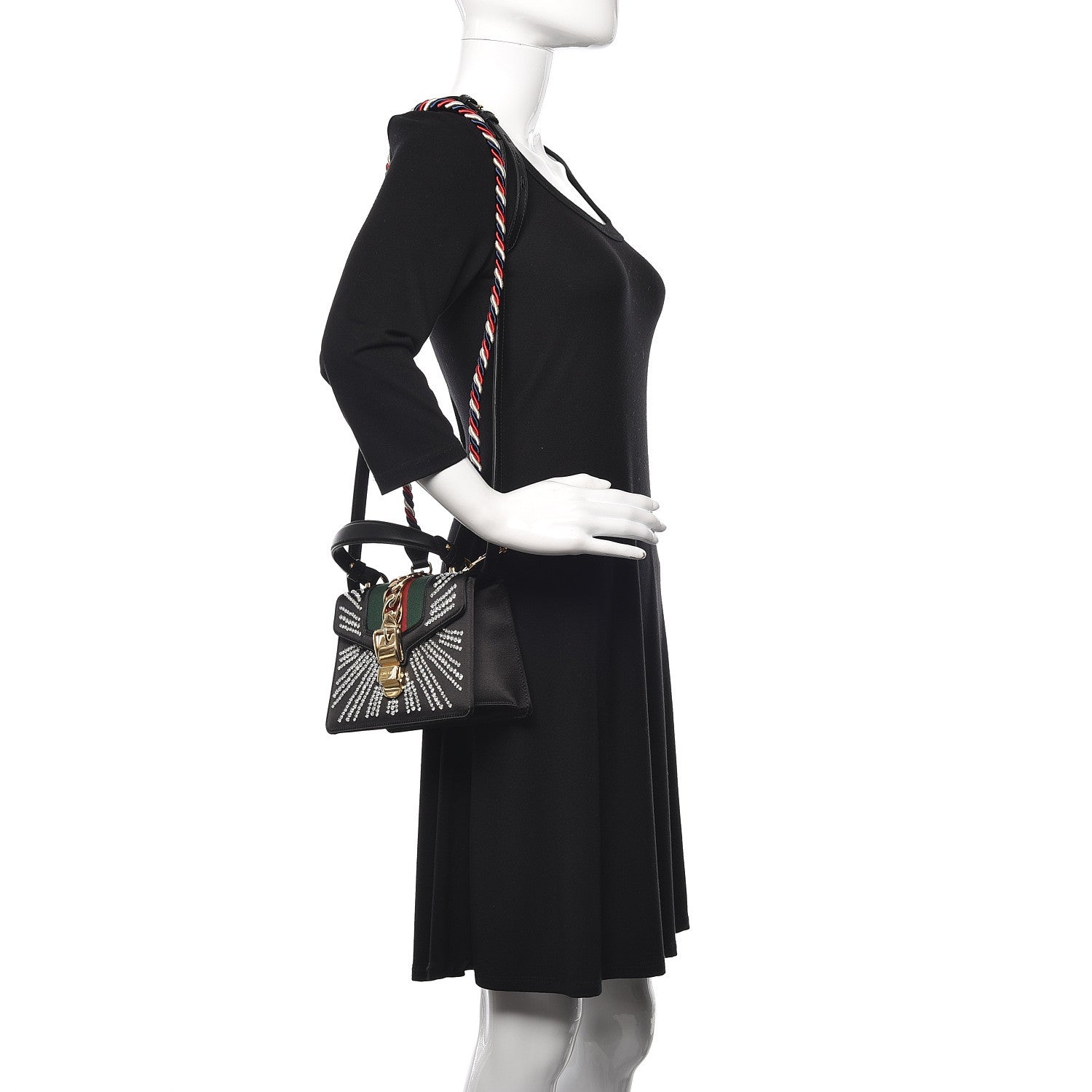 Gucci Satin Crystal Mini Sylvie Top Handle Bag Black 2 of 11