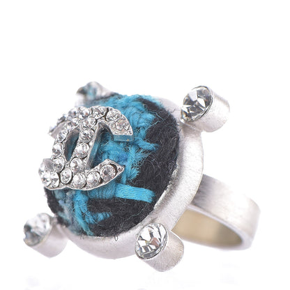 Chanel Tweed Crystal CC Ring 6.75 Blue 3 of 5