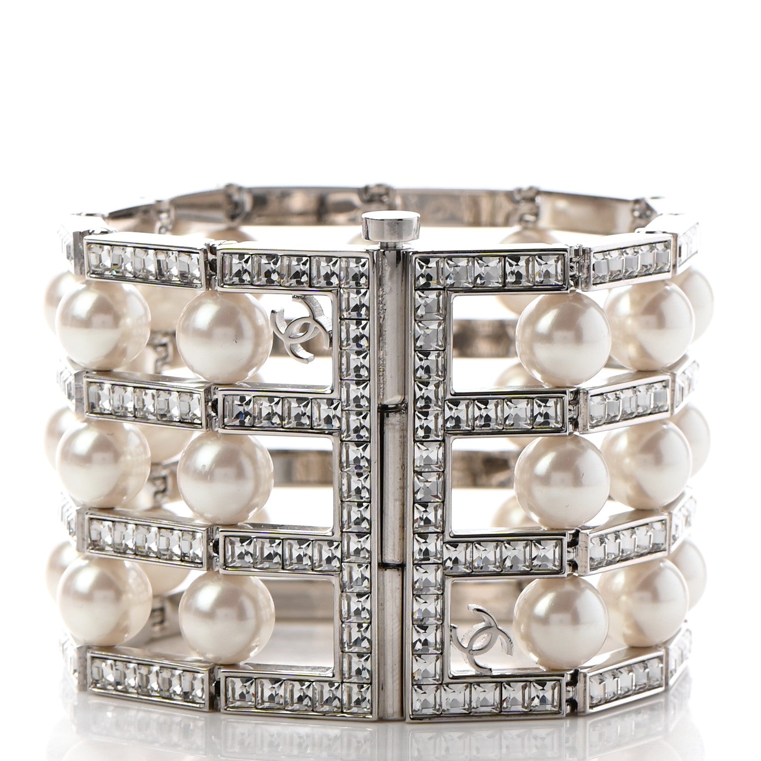 Chanel Crystal Pearl CC Cuff Bracelet L Silver 3 of 7