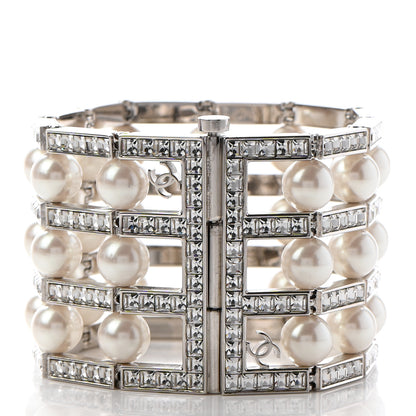 Chanel Crystal Pearl CC Cuff Bracelet L Silver 3 of 7