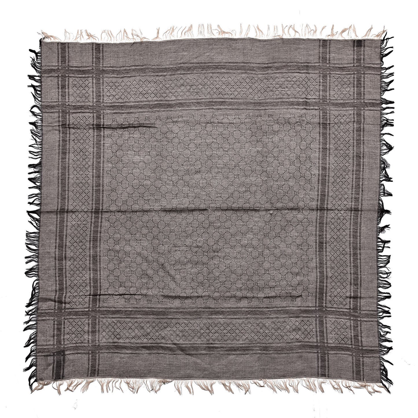 Wool Silk Monogram Fringe Shawl Beige Dark Brown