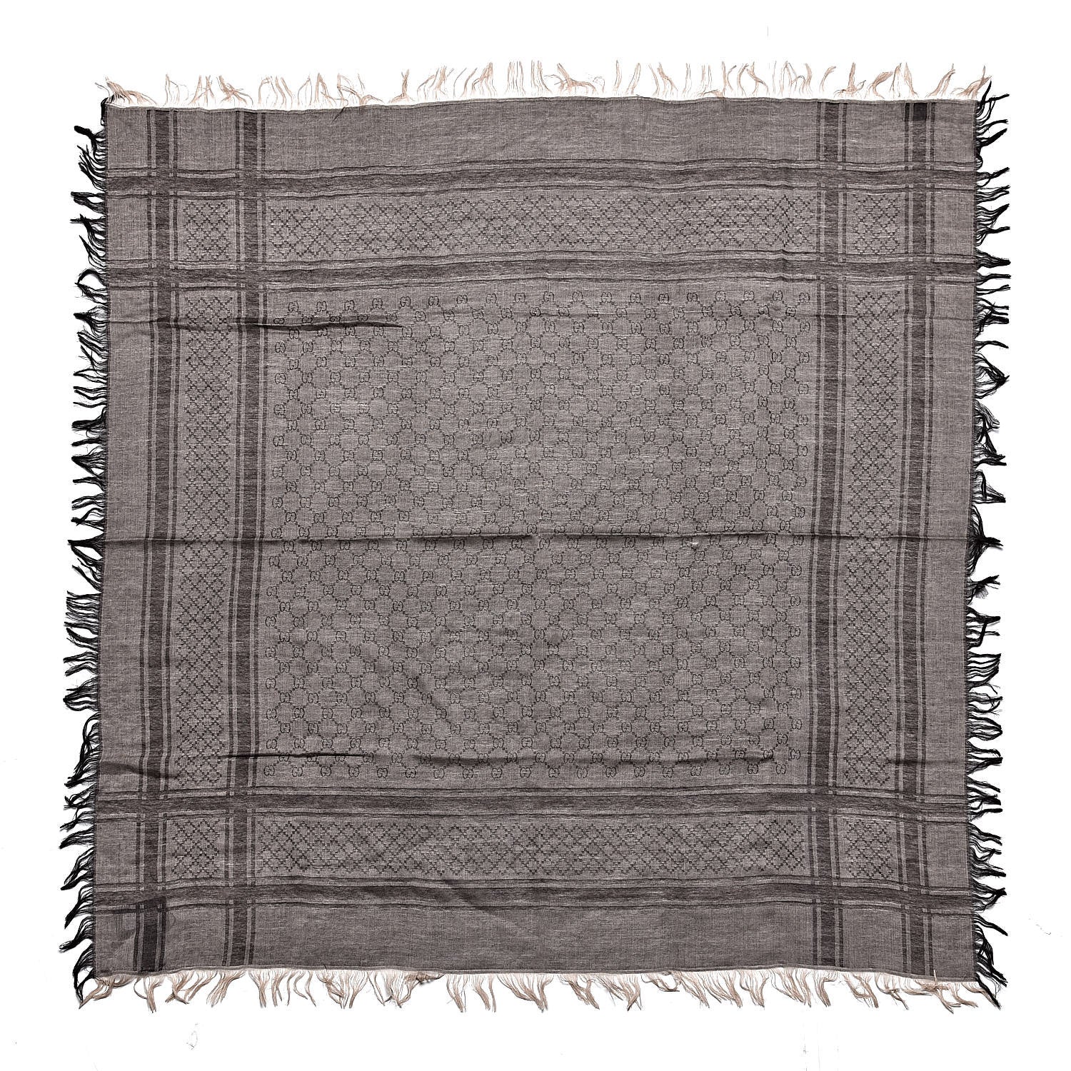 Gucci Wool Silk Monogram Fringe Shawl Beige Dark Brown 1 of 4