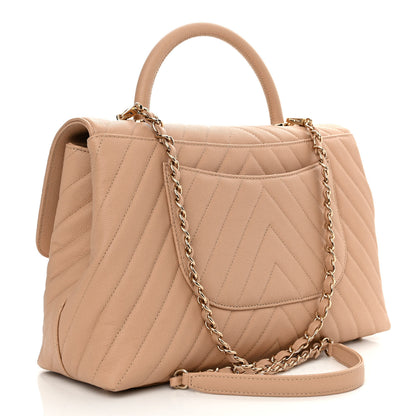 Chanel Caviar Chevron Quilted Medium Coco Handle Flap Beige 3 of 10