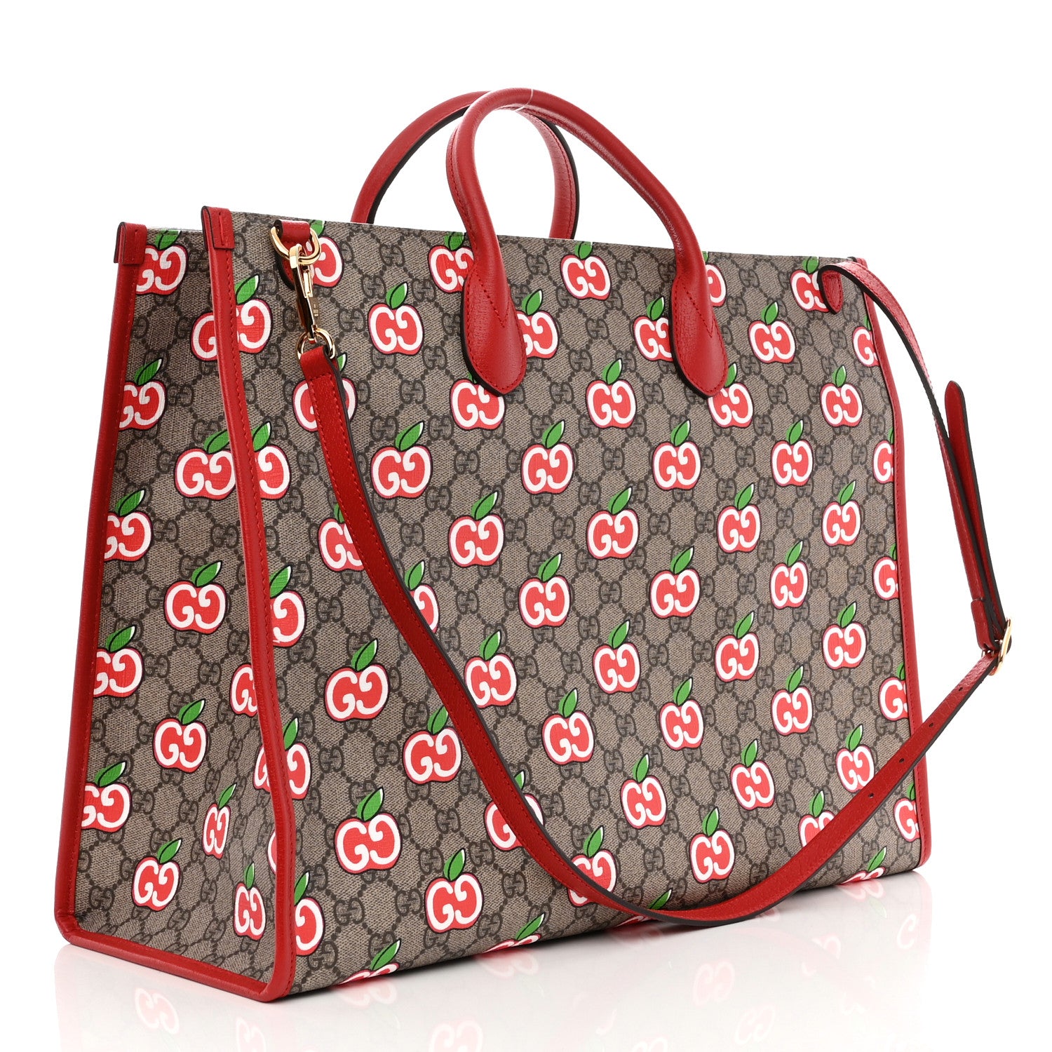 Gucci GG Supreme Monogram Apple Dollar Calfskin Large Retro Interlocking G Tote Bag Beige Ebony Multicolor Lobster Red 3 of 8