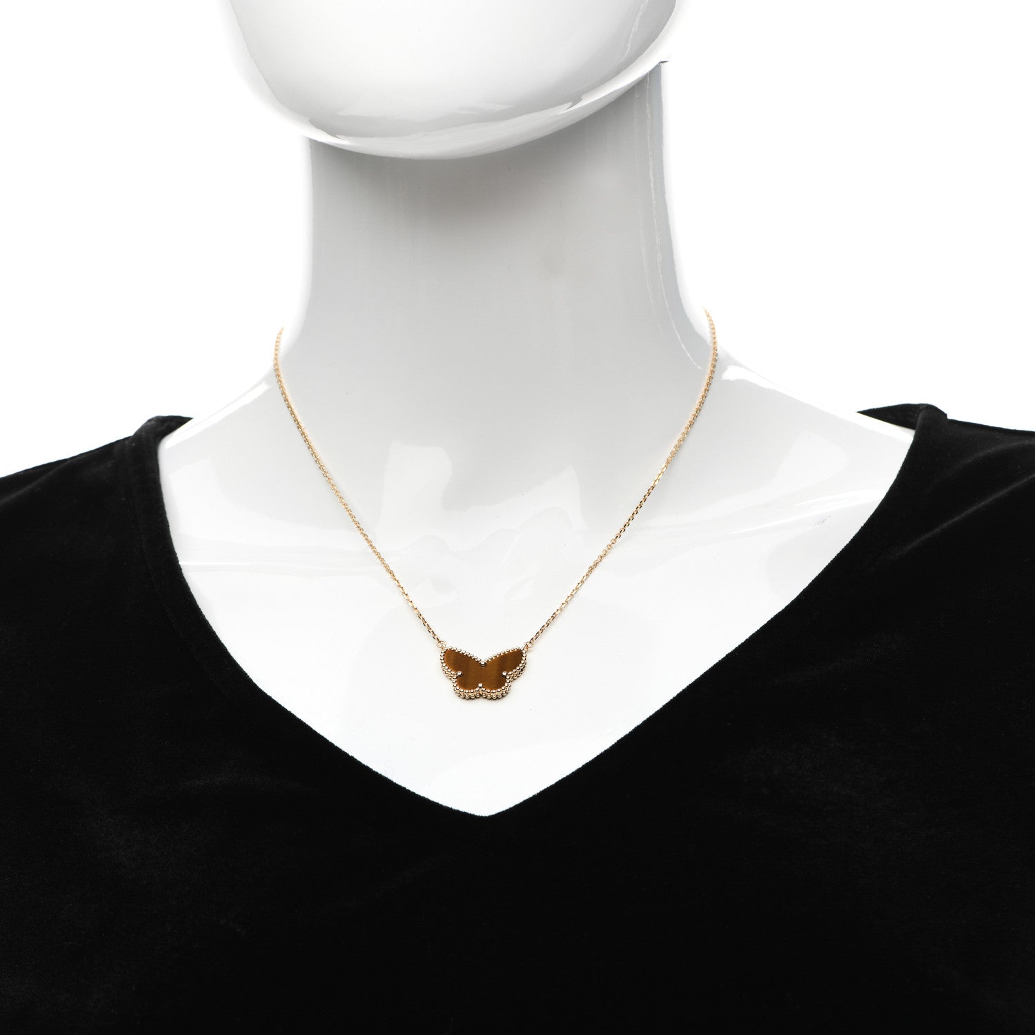 Van Cleef & Arpels 18K Yellow Gold Tiger Eye Lucky Alhambra Butterfly Pendant Necklace 2 of 6