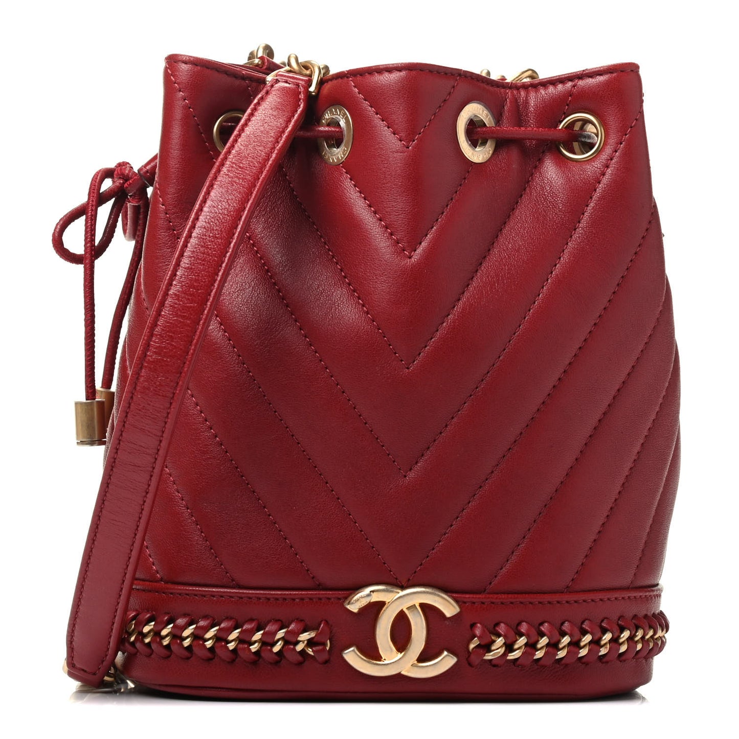 Sheepskin Chevron Quilted Small Drawstring Bag Dark Red